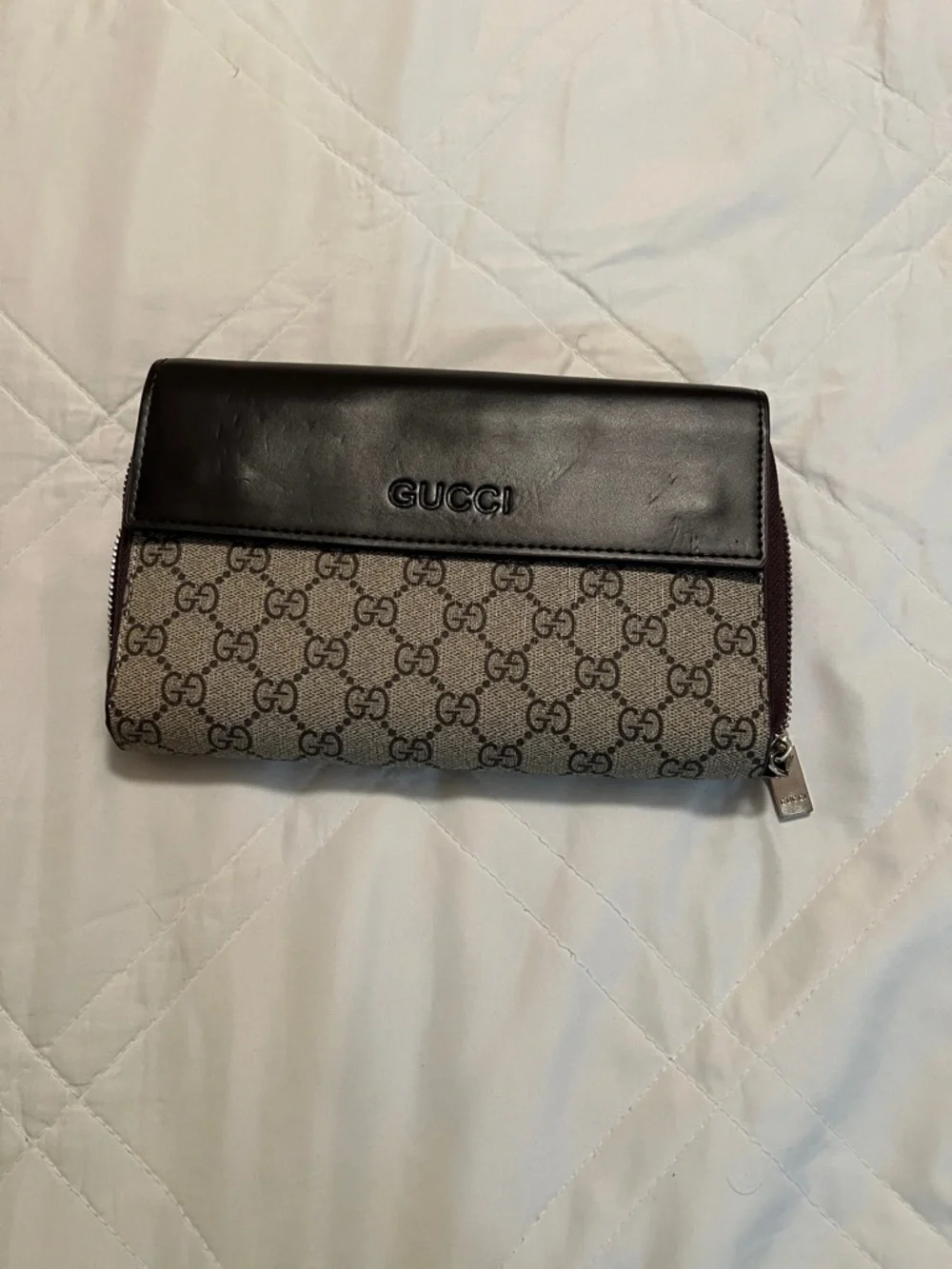 Gucci Beige Monogram and Dark Brown Leather Zip Wallet - Picture 1 of 5